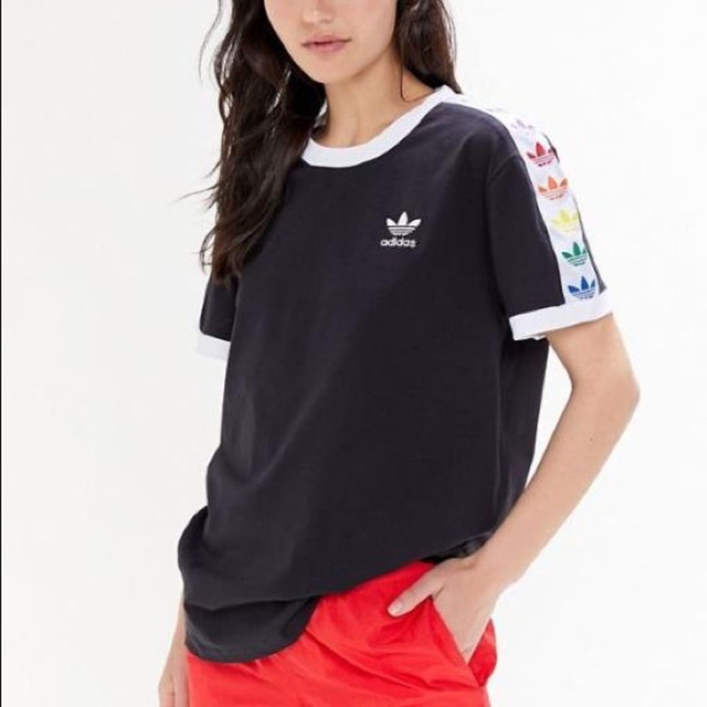 Adidas Women’s Black Crewneck Tee with Rainbow Trefoil Detail